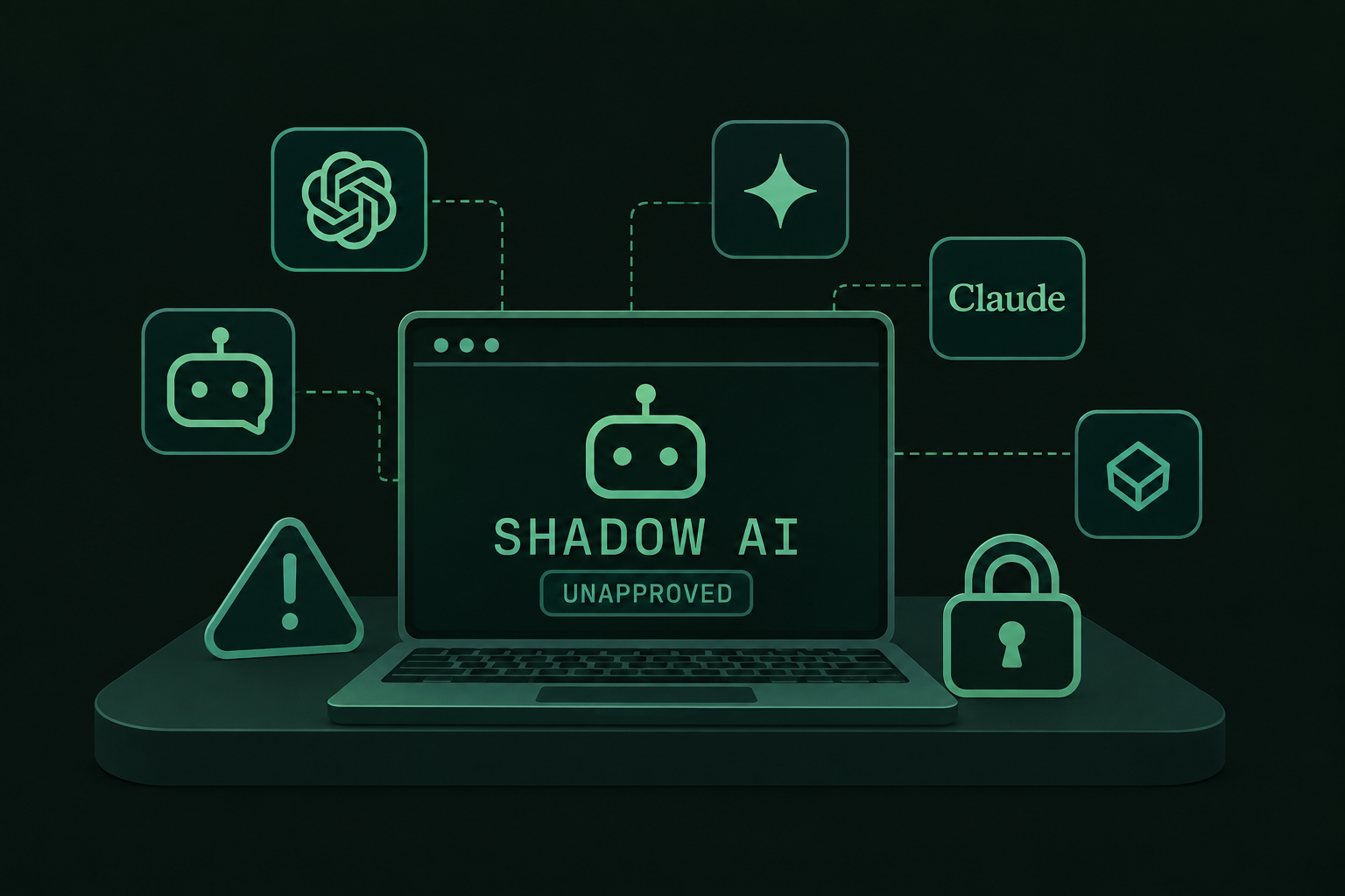 Laptop screen showing unapproved shadow AI tools connected to ChatGPT, Claude, Gemini icons with warning and lock symbols