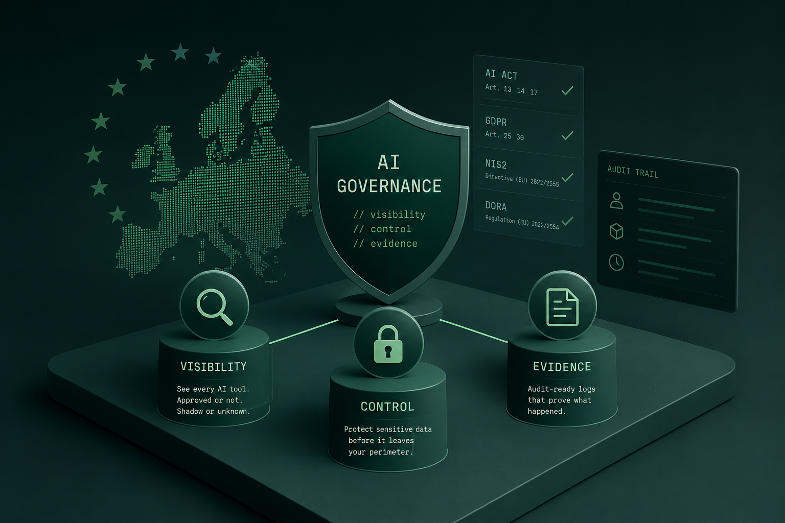 AI governance shield showing visibility, control and evidence pillars with EU regulatory compliance