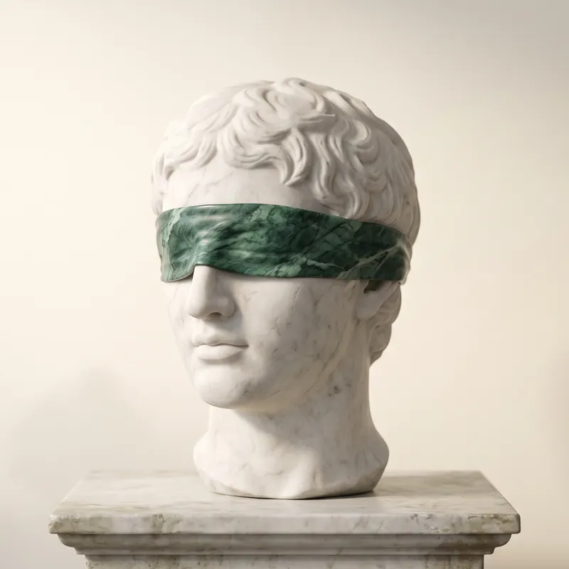 A marble head of a youth, his eyes covered by a blindfold of green marble.