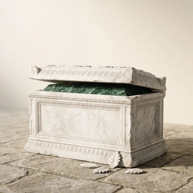 A marble chest with its lid ajar, green marble treasure half hidden inside.