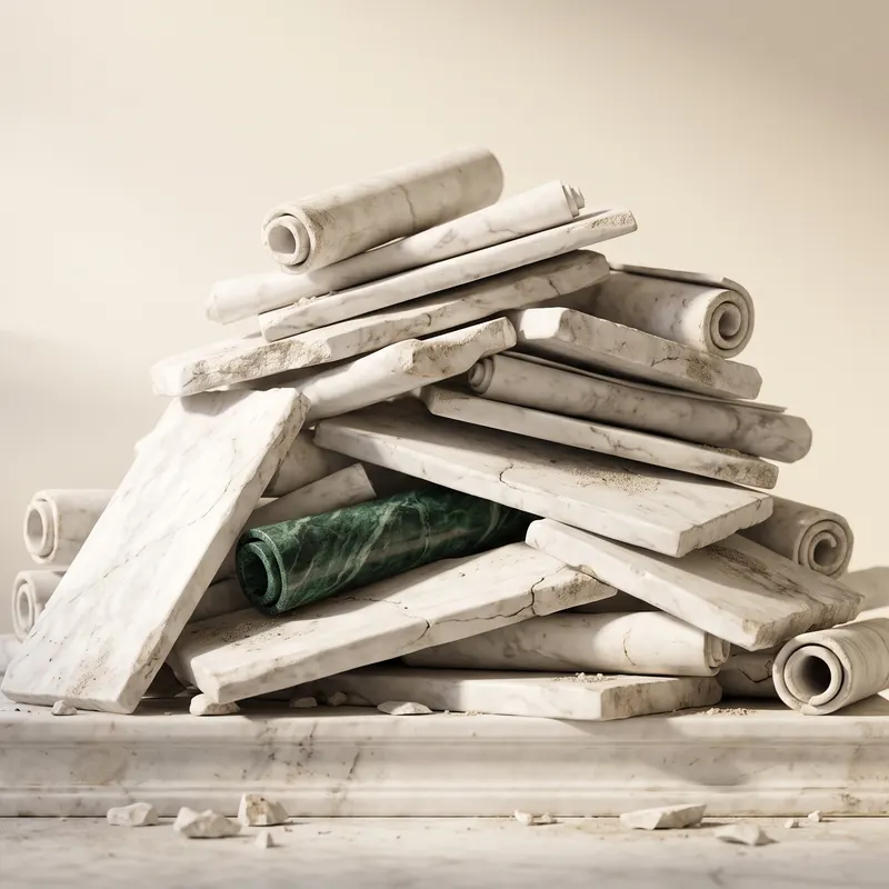 An untidy heap of marble scrolls and tablets, one scroll in green marble buried in it.