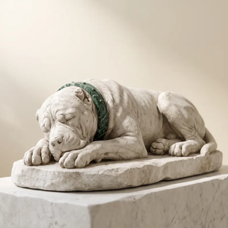 A marble guard dog asleep on a plinth, its collar in green marble.