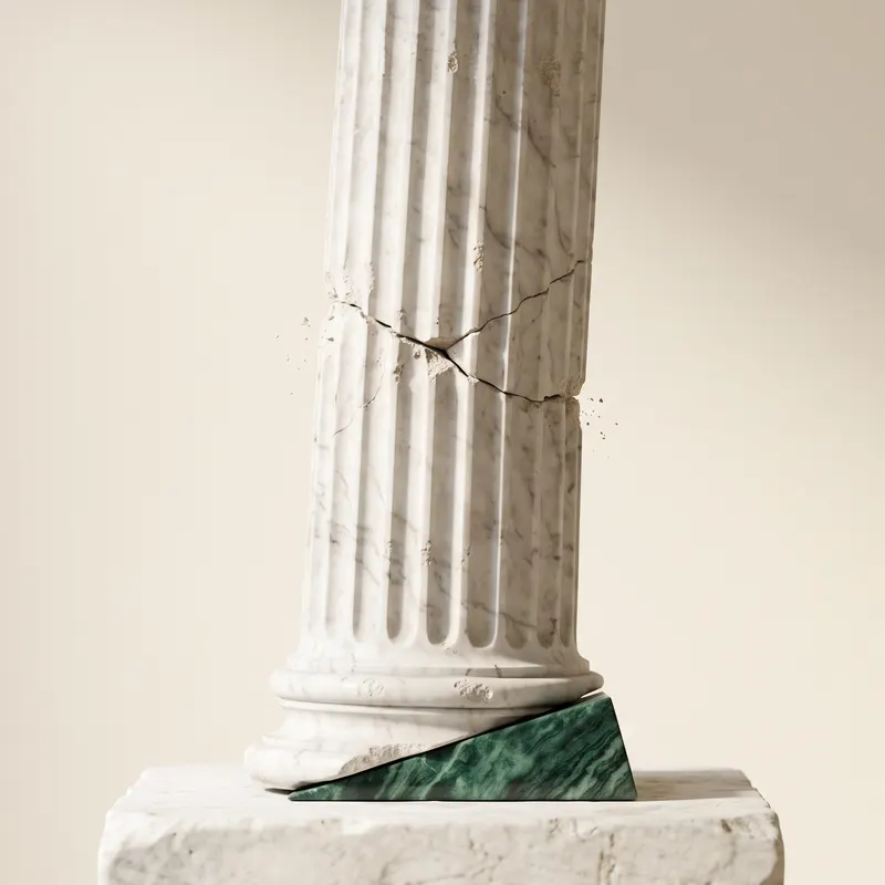 A cracked, leaning marble column kept standing by a wedge of green marble.