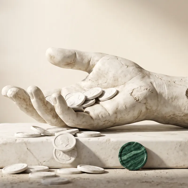 A marble hand, palm up, marble coins spilling from it, one coin in green marble.