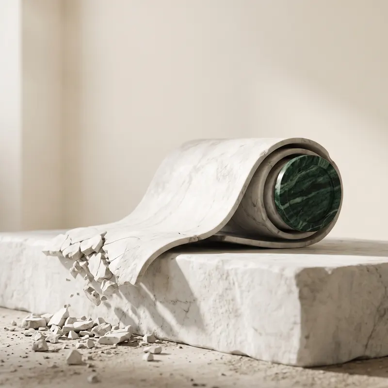 A marble scroll running off the edge of a plinth and breaking away, its seal in green marble.