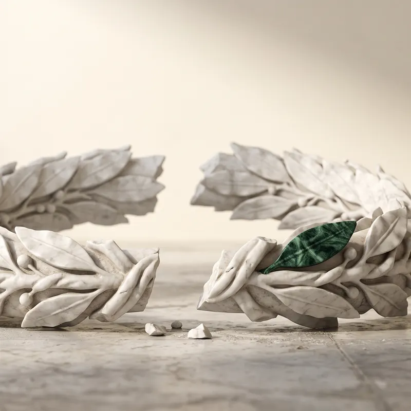 A marble laurel wreath broken in two on the floor, one leaf in green marble.