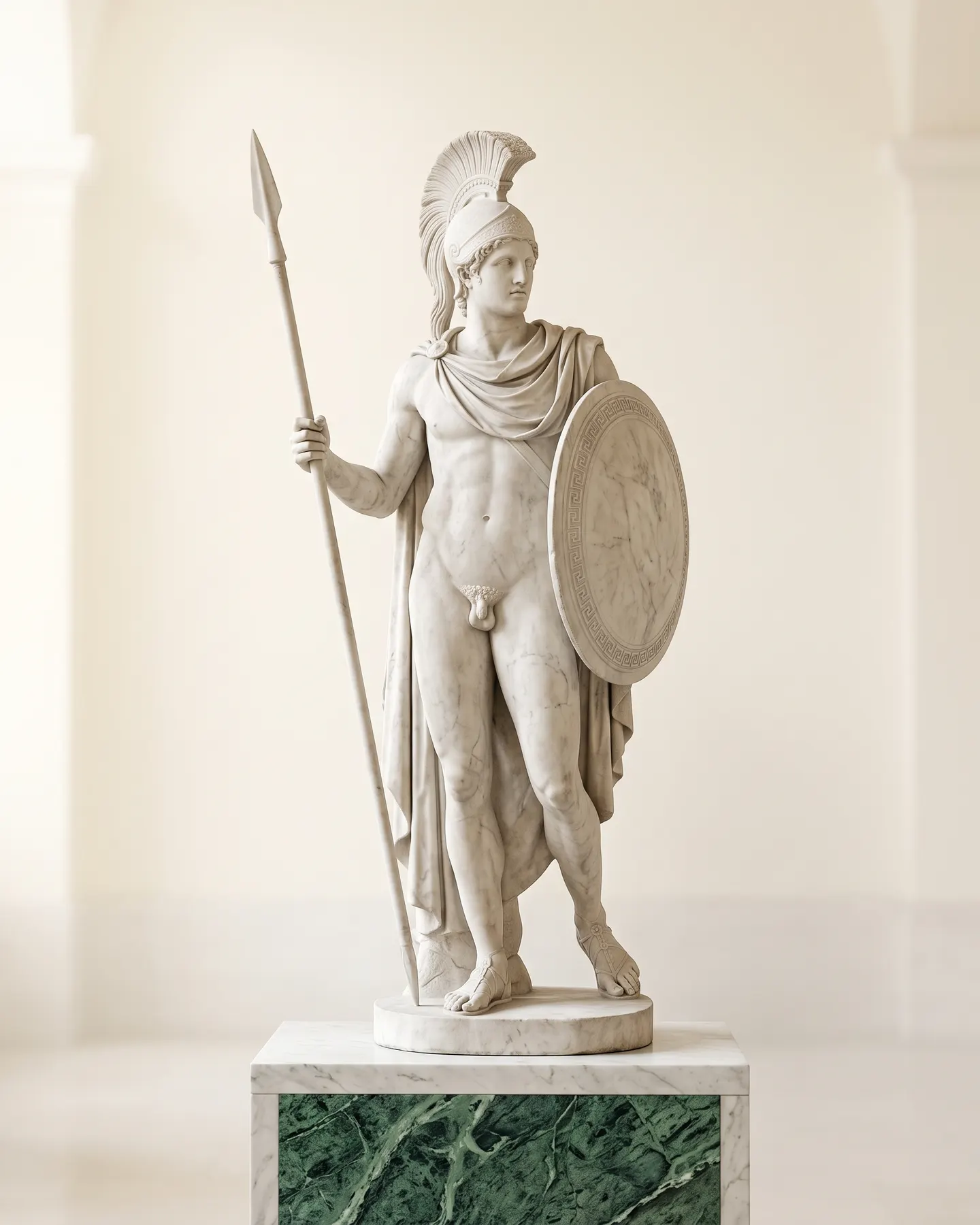 A marble statue of Achilles with helmet, shield and spear, under an X-ray beam that finds the cracks in the stone.