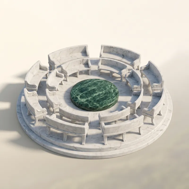 A ring of white marble benches around a round stone of green marble, seen from above.