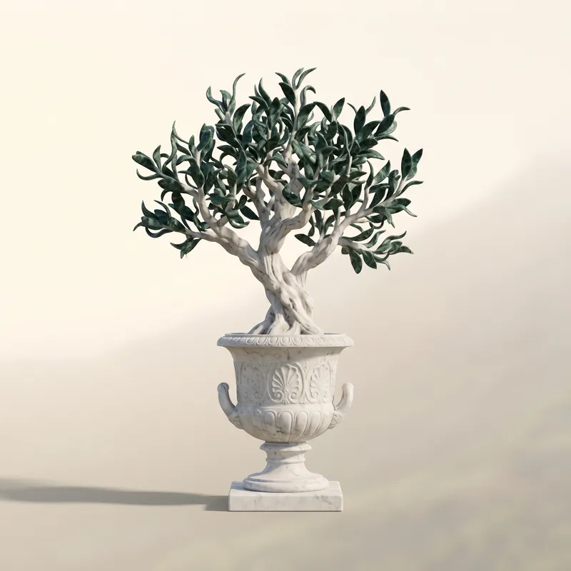 A young olive tree with leaves of green marble, growing from a white marble urn.