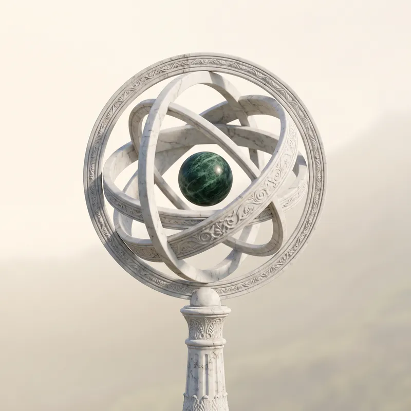 A white marble armillary sphere, its carved rings circling a small sphere of green marble.
