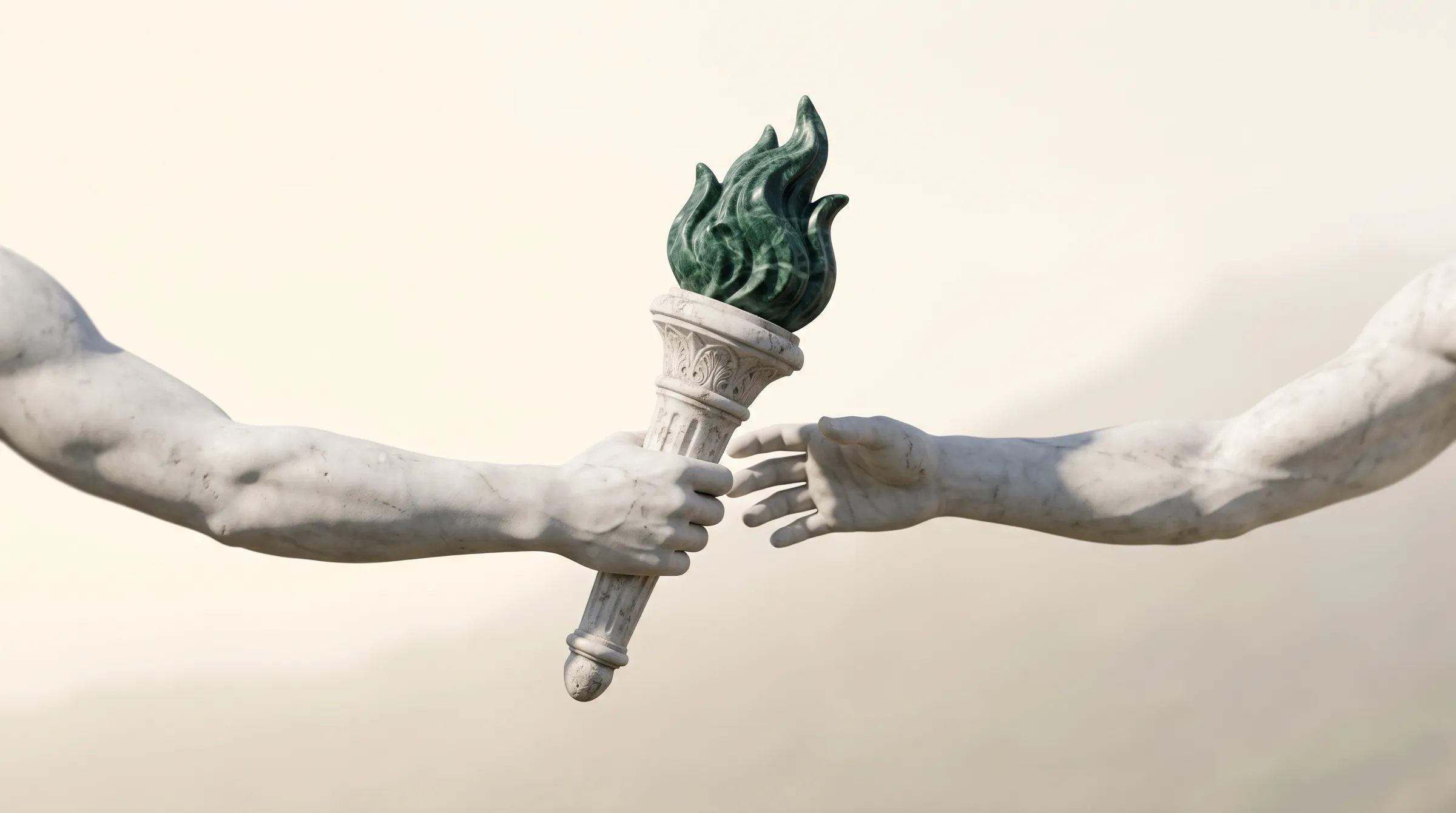 Two marble arms passing a lit torch from one to the other, its flame carved in green marble, as in the ancient Greek torch race.