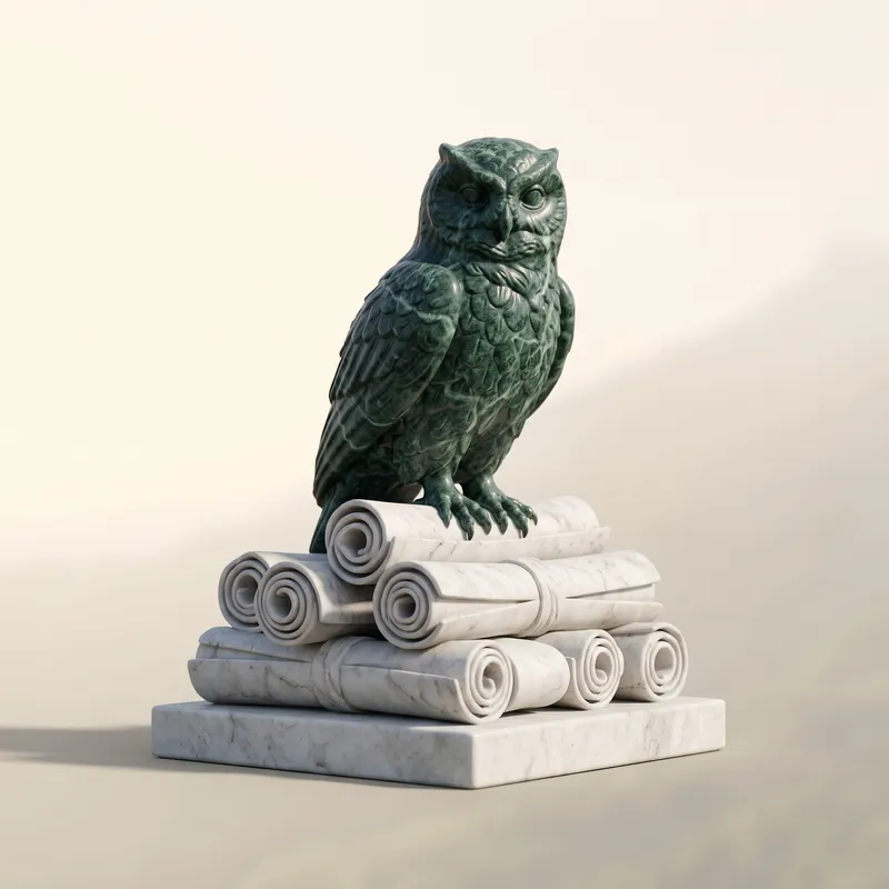 An owl of Athena in green marble, perched on a stack of carved marble scrolls.