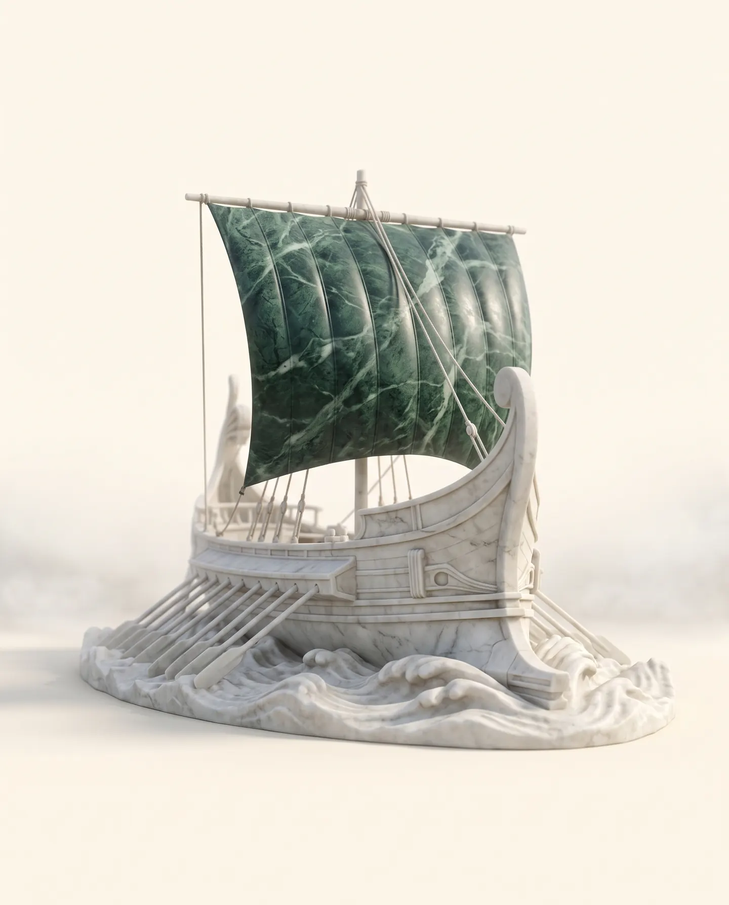 The Argo, the ship that sailed to Colchis, carved in white marble, its sail of green marble full of wind over marble waves.