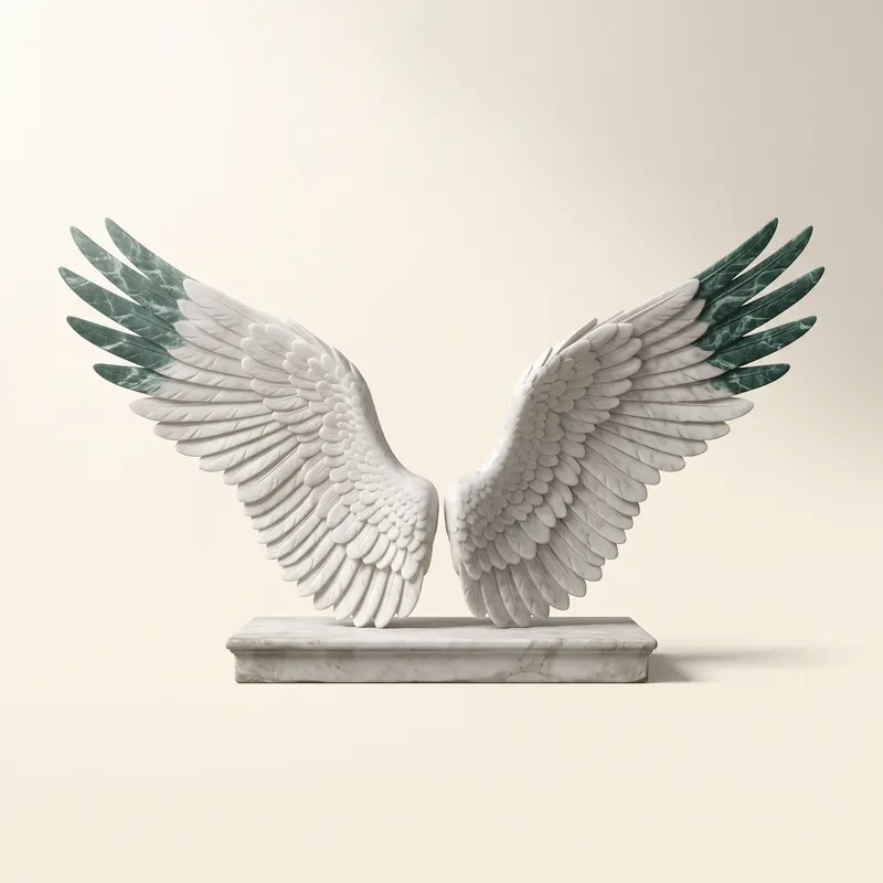 The wings of Daedalus carved in white marble, laid open on a plinth, the flight feathers at their tips in green marble.