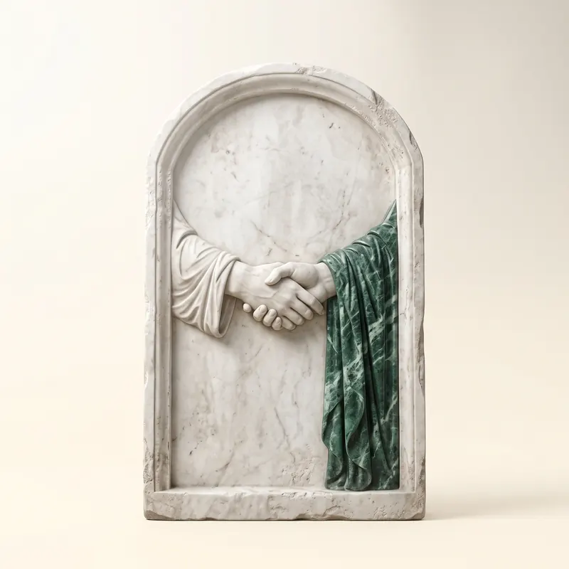 Two marble hands clasped in a handshake, carved in relief on a marble stele, one of the sleeves in green marble.