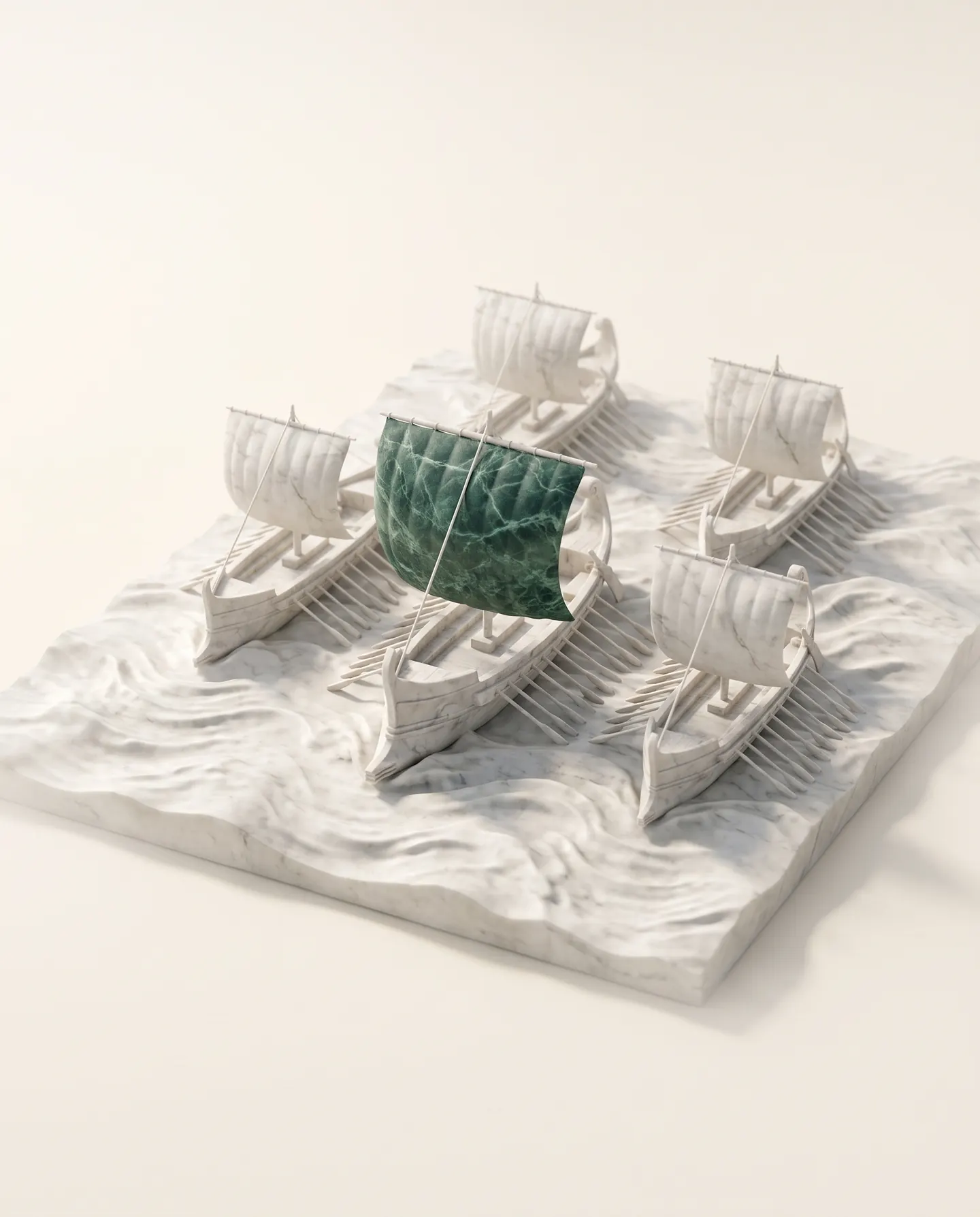 A small fleet of marble ships sailing together over marble waves, the lead ship's sail in green marble.