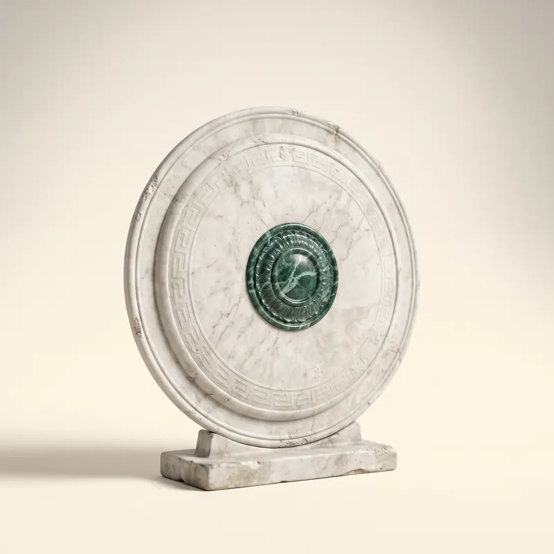 A round Greek shield in white marble standing on a low plinth, its central boss in green marble.