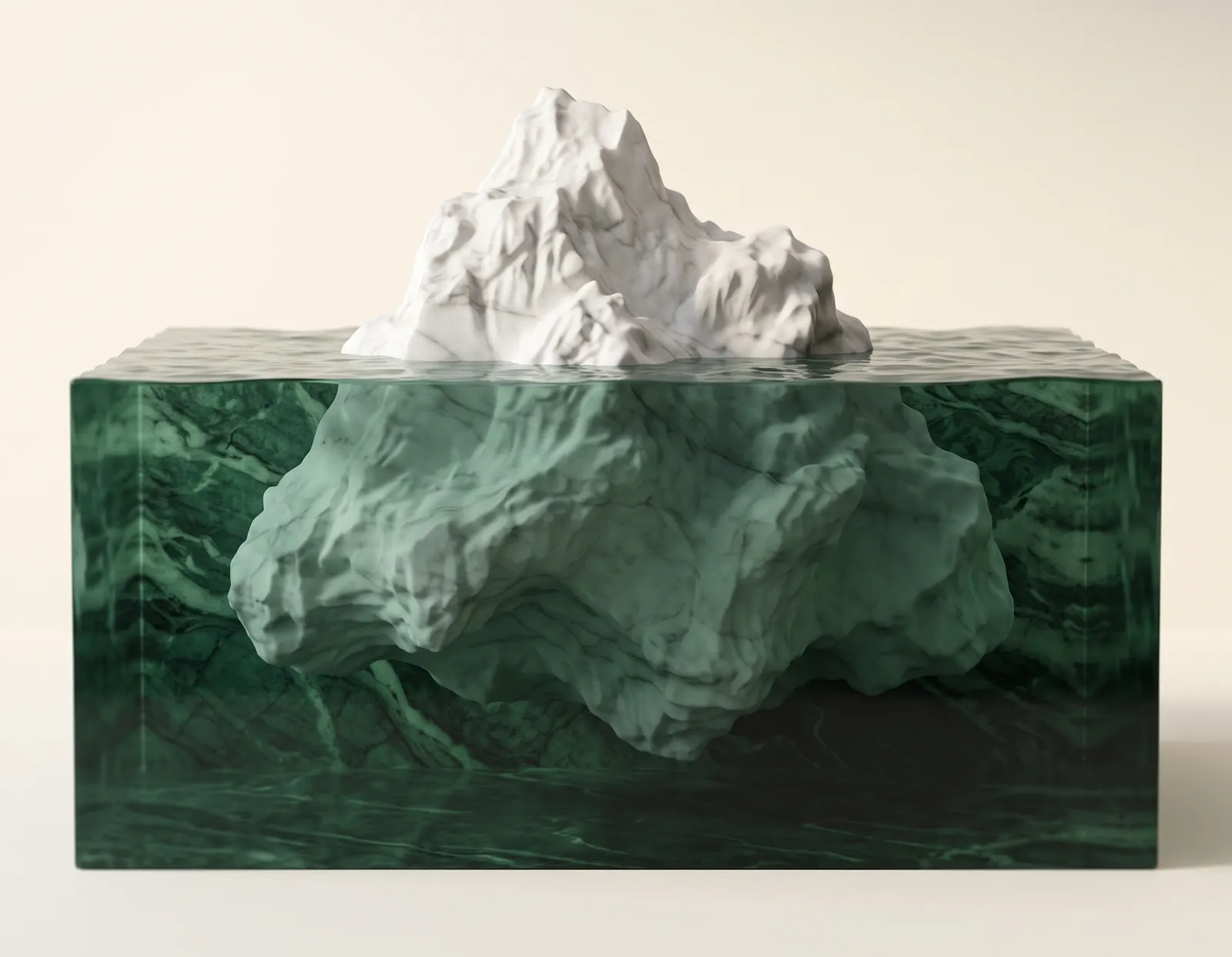 An iceberg carved in white marble in a sea of green marble: a small tip above the waterline, a vast mass below it.