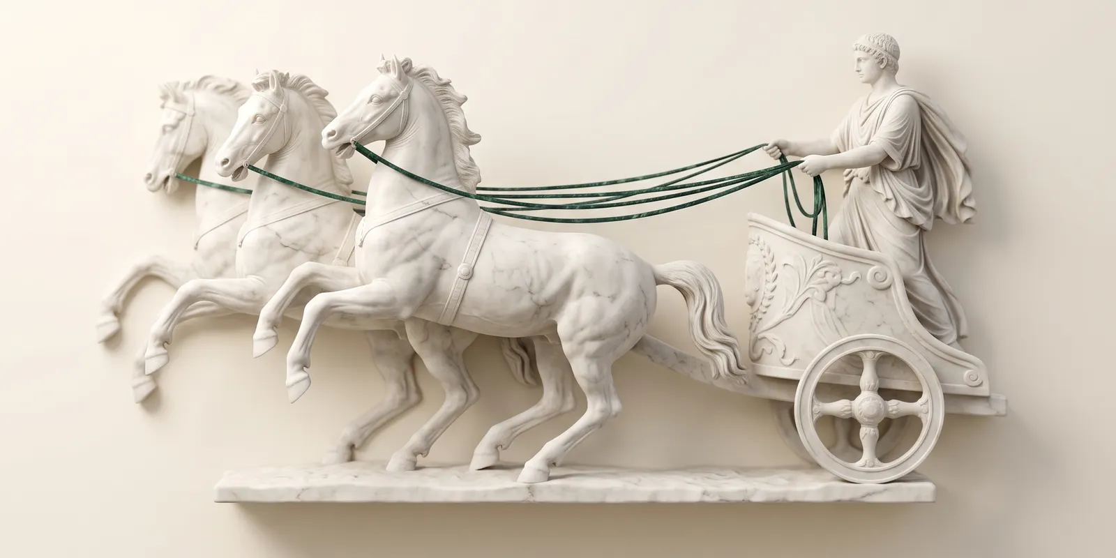 A marble quadriga: the horses at full gallop, the charioteer holding all the reins, in green marble, in his hands.