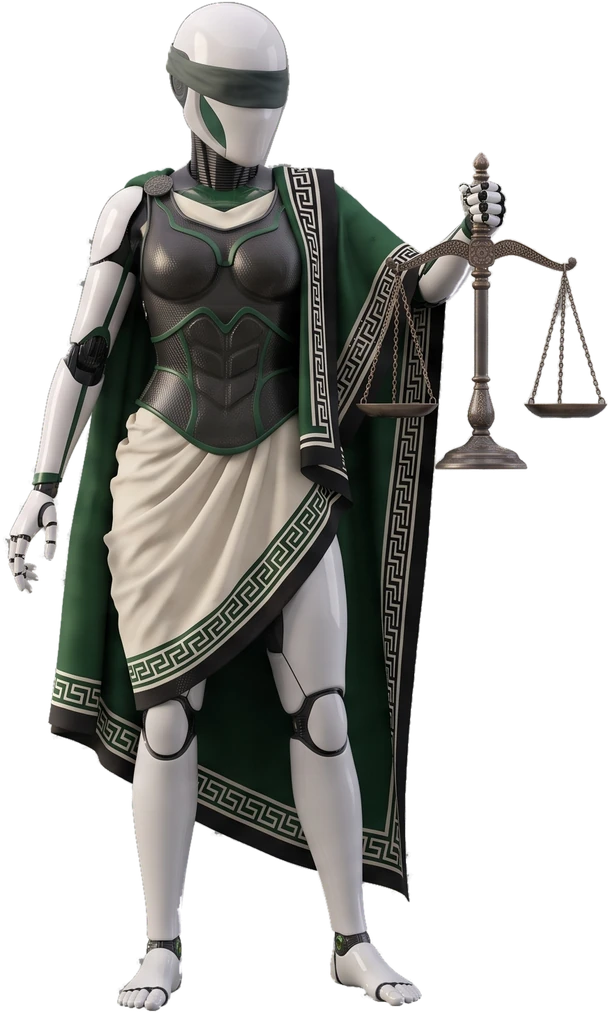 THEMIS, the System One² AI model: a robot with a blindfold, holding the scales.
