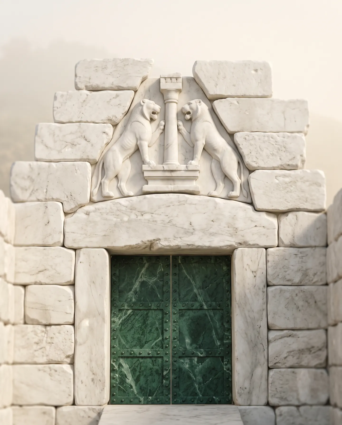 The Lion Gate of Mycenae carved in white marble, two lionesses above its lintel, its heavy doors of green marble shut.