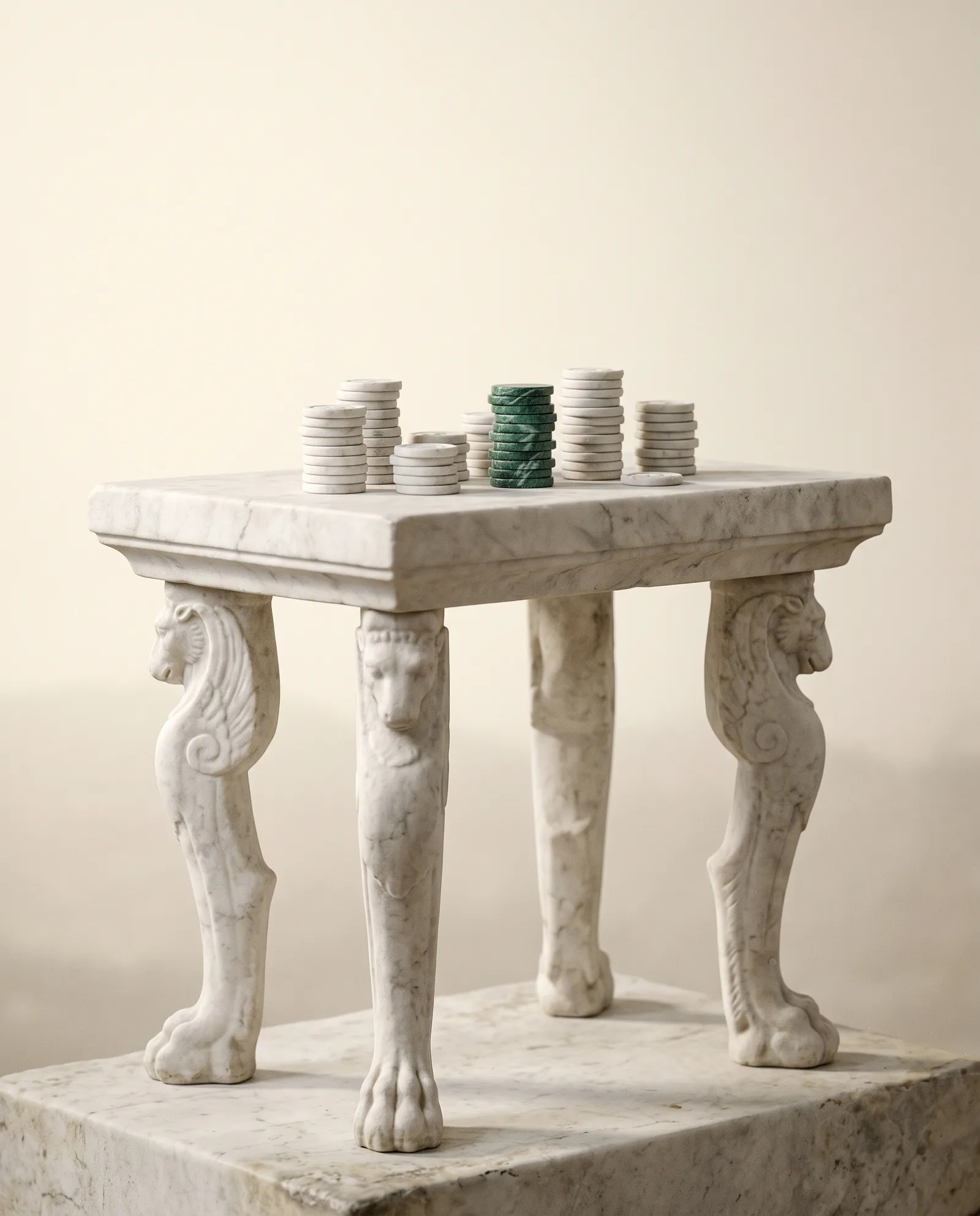 A marble money-changer's table with stacks of carved coins, one stack of green marble.