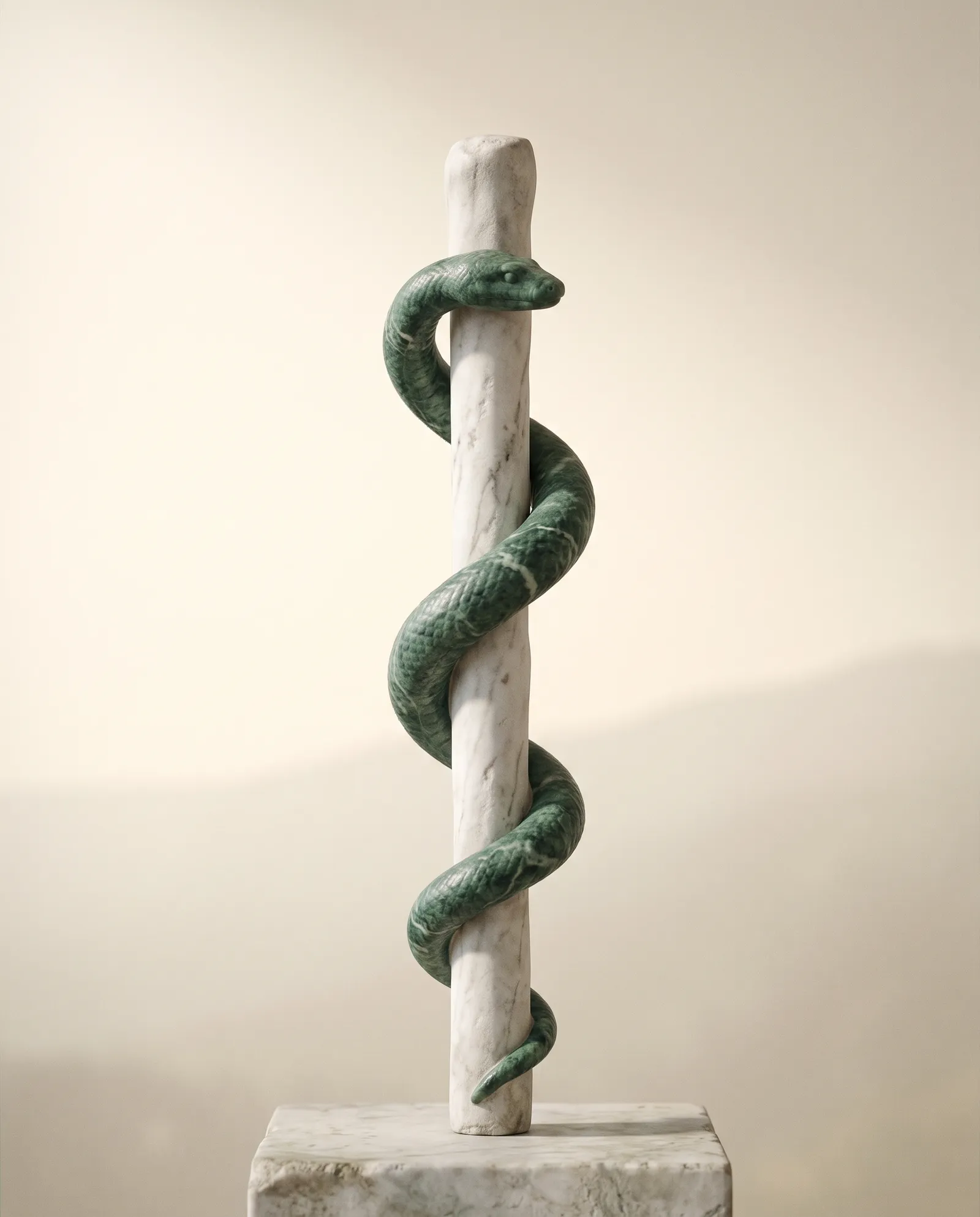 The staff of Asclepius in white marble, its serpent carved in green marble.