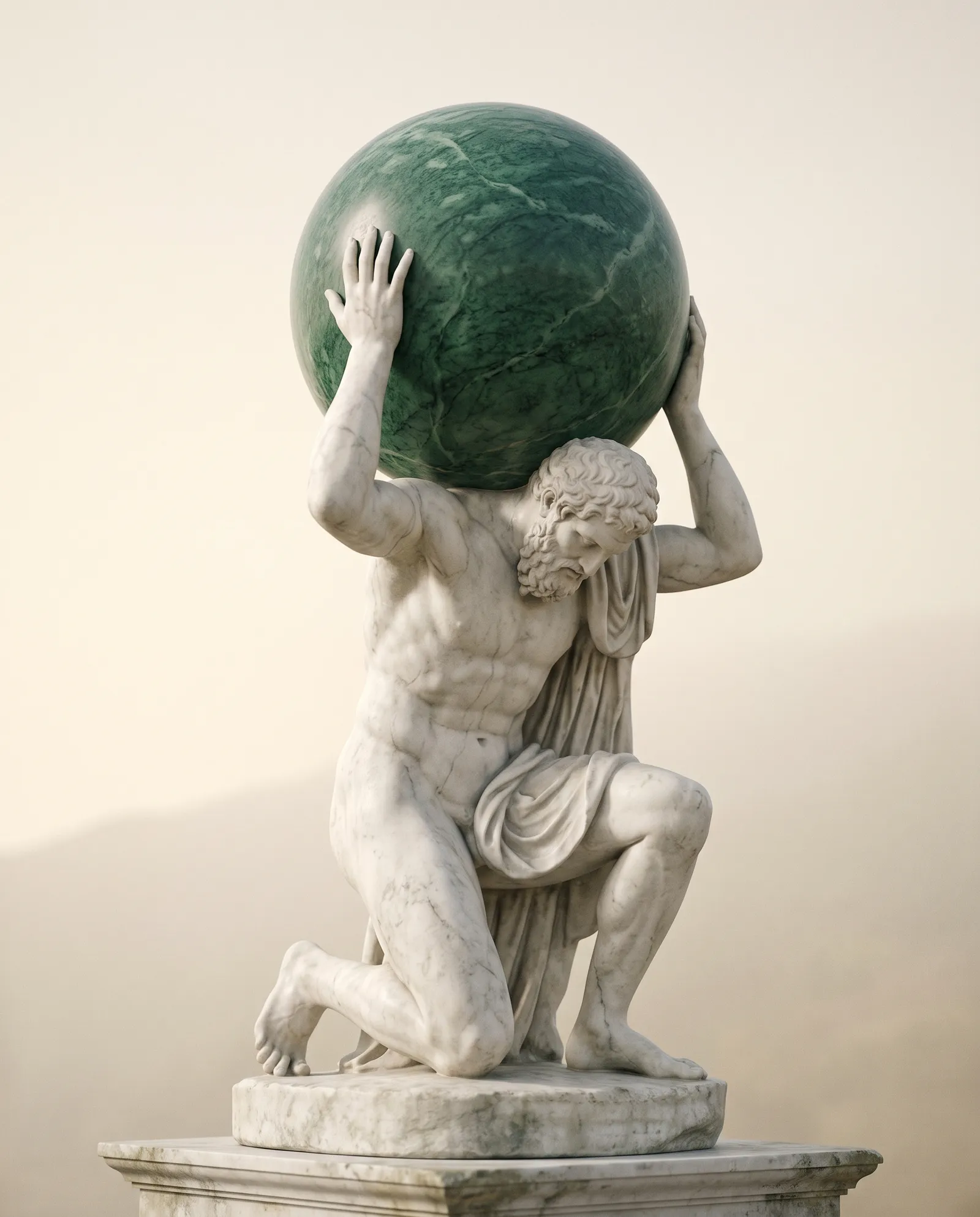 A marble statue of Atlas kneeling, carrying a sphere of green marble on his shoulders.