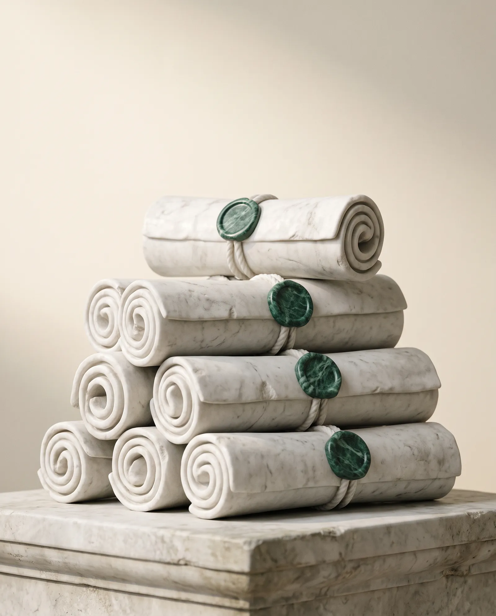 Sealed marble scrolls on a plinth, their round seals carved in green marble.