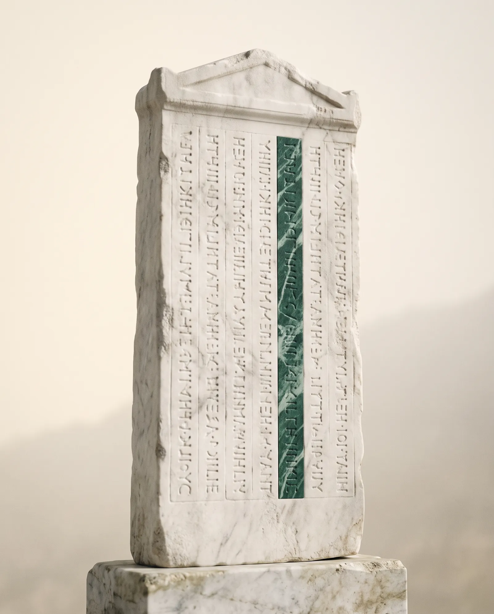 A tall marble stele carved with columns of abstract marks, one column inlaid in green marble.