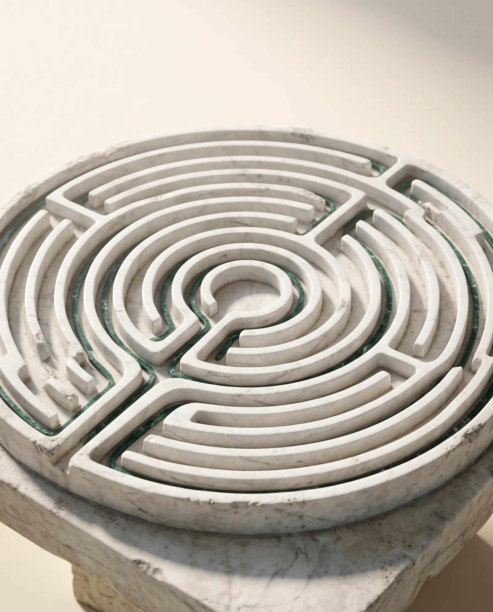 A marble labyrinth seen from above, a thread of green marble running from its entrance to the centre.